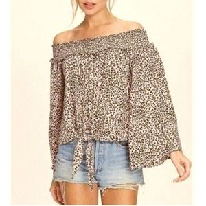 Free People Movement Womens Blouse Sz S Leopard Smocked Off Shoulder Bell